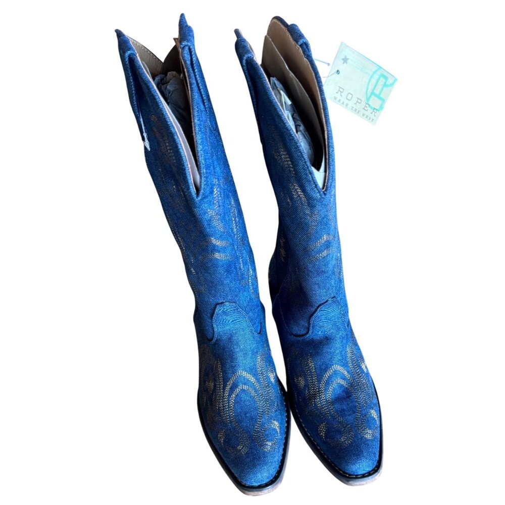 Roper Denim Embroidered Western Cowboy Boots Women’s Size 9 Blue Gold Stitch New - Picture 2 of 14